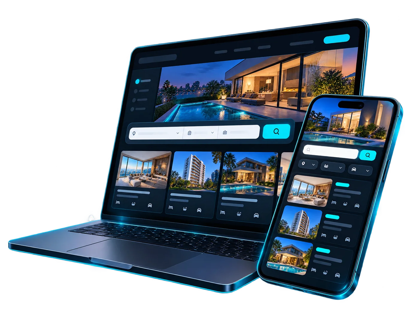 Notebook e celular com um site de imobiliária